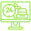 24/7 ordering icon with a desktop computer displaying a clock and a prep station