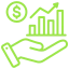 increased revenue icon with a hand supporting an upward trending chart and a dollar sign in a circle