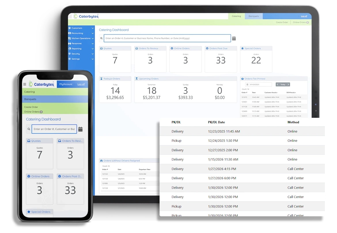 Caterbytes web application shown on an iPad and an iphone