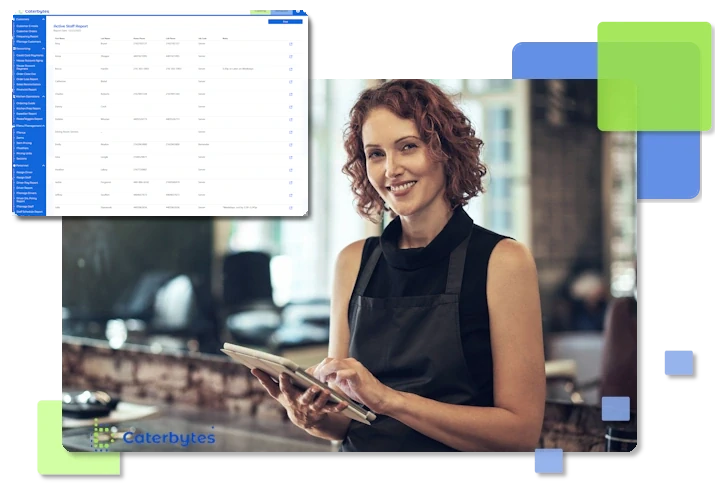 A woman with curly brown hair in a black apron smiles while using a tablet in a restaurant, with a digital overlay showing the Caterbytes Active Staff Report detailing employee names and contact information.