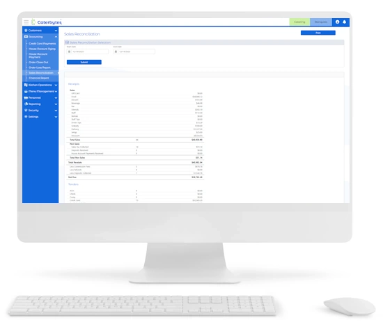 A desktop computer displaying a catering software's Sales Reconciliation dashboard, featuring a detailed financial report with itemized sales categories, receipt totals, and a sidebar navigation menu.