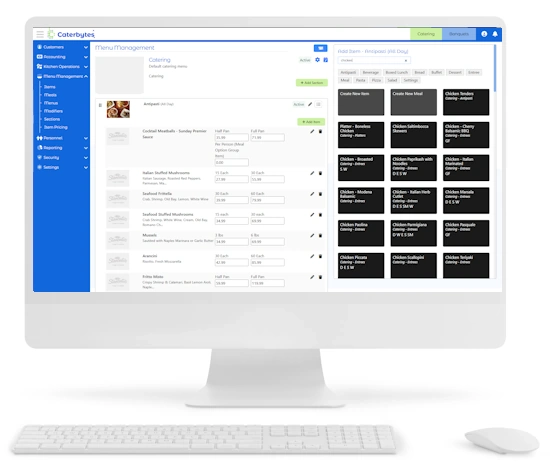 A white desktop computer and keyboard display the Caterbytes "Menu Management" dashboard. The screen shows a detailed administrative interface with a blue sidebar on the left and a central workspace featuring a list of catering items like Cocktail Meatballs and Italian Stuffed Mushrooms with editable pricing fields. On the right, a grid of black tiles represents individual menu items for quick selection and editing.