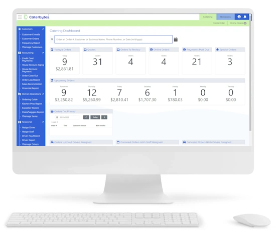 A digital screenshot of a desktop monitor displays the Caterbytes "Catering Dashboard." The interface features a blue navigation sidebar on the left and a central workspace with summary tiles for operational metrics, including Today's Orders (9 totaling $2,861.81), Quotes (31), and Payments Post Due (21). A section for Upcoming Orders provides a daily forecast of order counts and revenue for the week, while a white keyboard and mouse sit in the foreground.