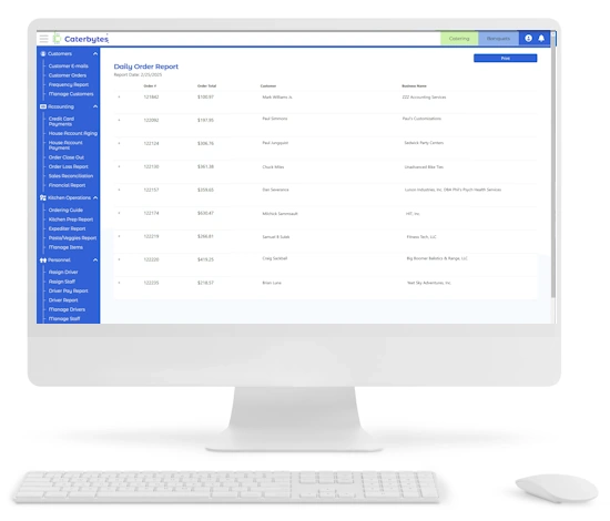 A digital screenshot of a desktop monitor displays the Caterbytes "Daily Order Report" for February 25, 2025. The interface features a blue navigation sidebar on the left and a central table listing orders by number, total cost, customer name, and business. Examples include Order #121842 for $100.97 and Order #122174 for $630.47. A white keyboard and mouse are visible in the foreground.